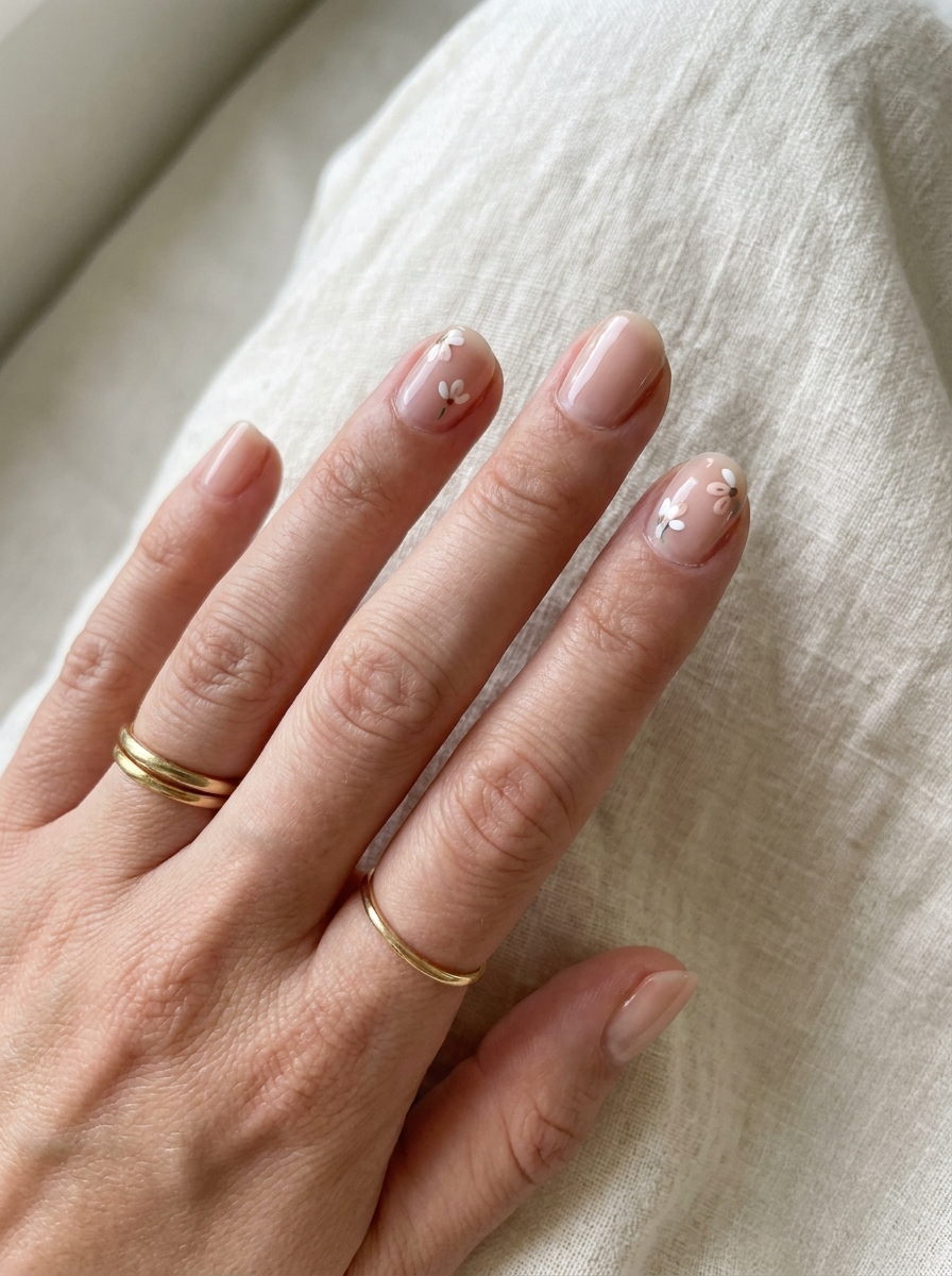 Nude Floral Nails mit neutraler Basis und feinen Blüten